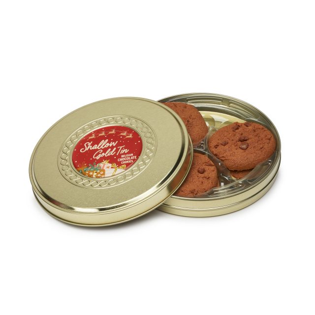 Winter Collection `25 – Shallow Gold Treat Tin – Belgian Chocolate Cookies